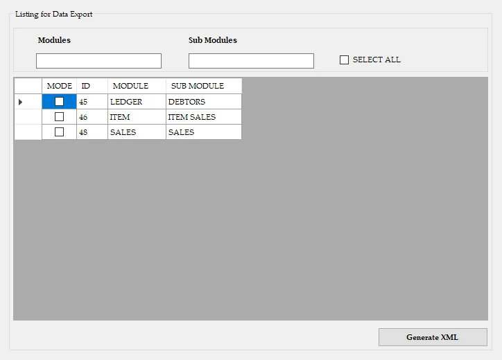 DataSync export listing to choose ledger, item and sales modules and generate Tally XML