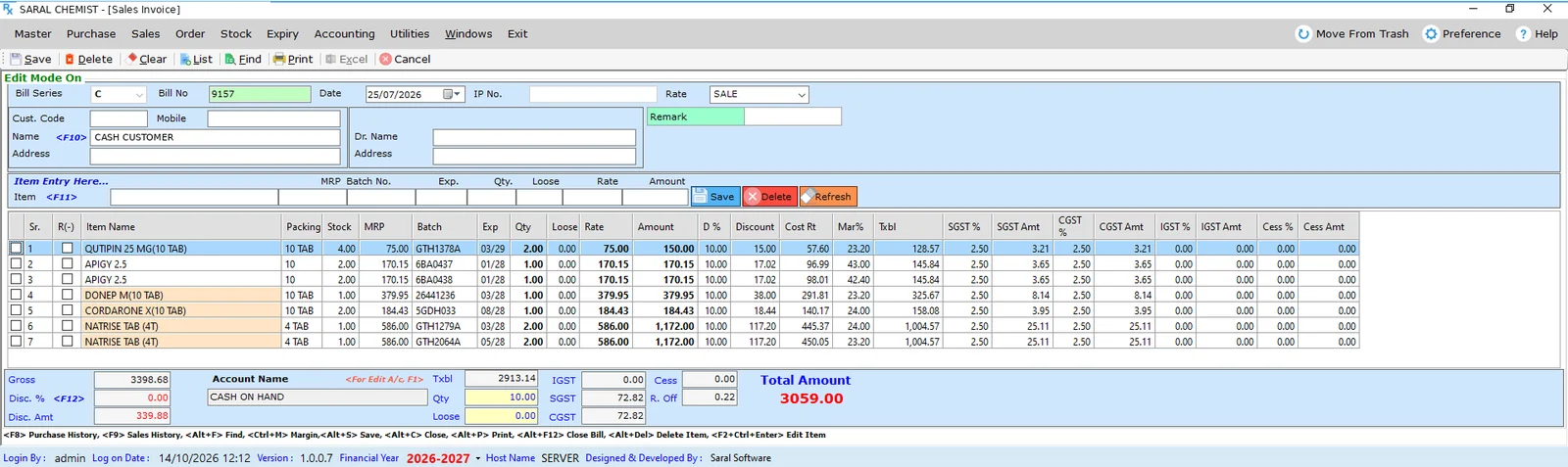Saral Chemist pharmacy sales invoice with batch, expiry, MRP, discount, margin and GST columns