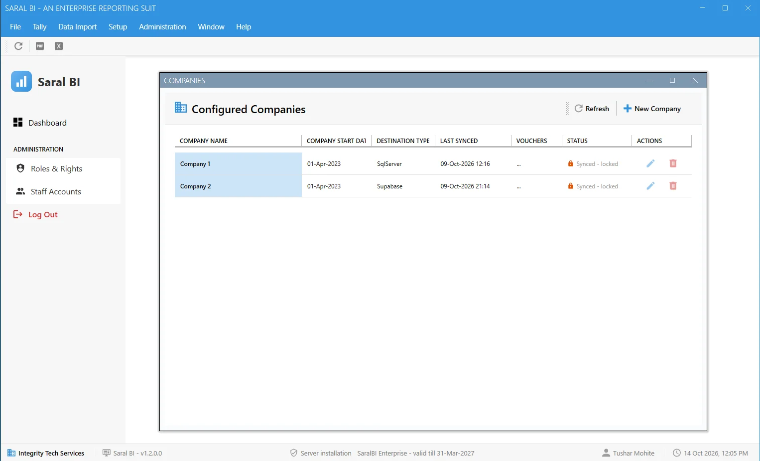 SaralBI desktop app showing configured Tally companies with sync destination, last synced time and status